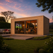 Rectangular wood studio with glass sliding doors showing people watching a game inside at sunset.