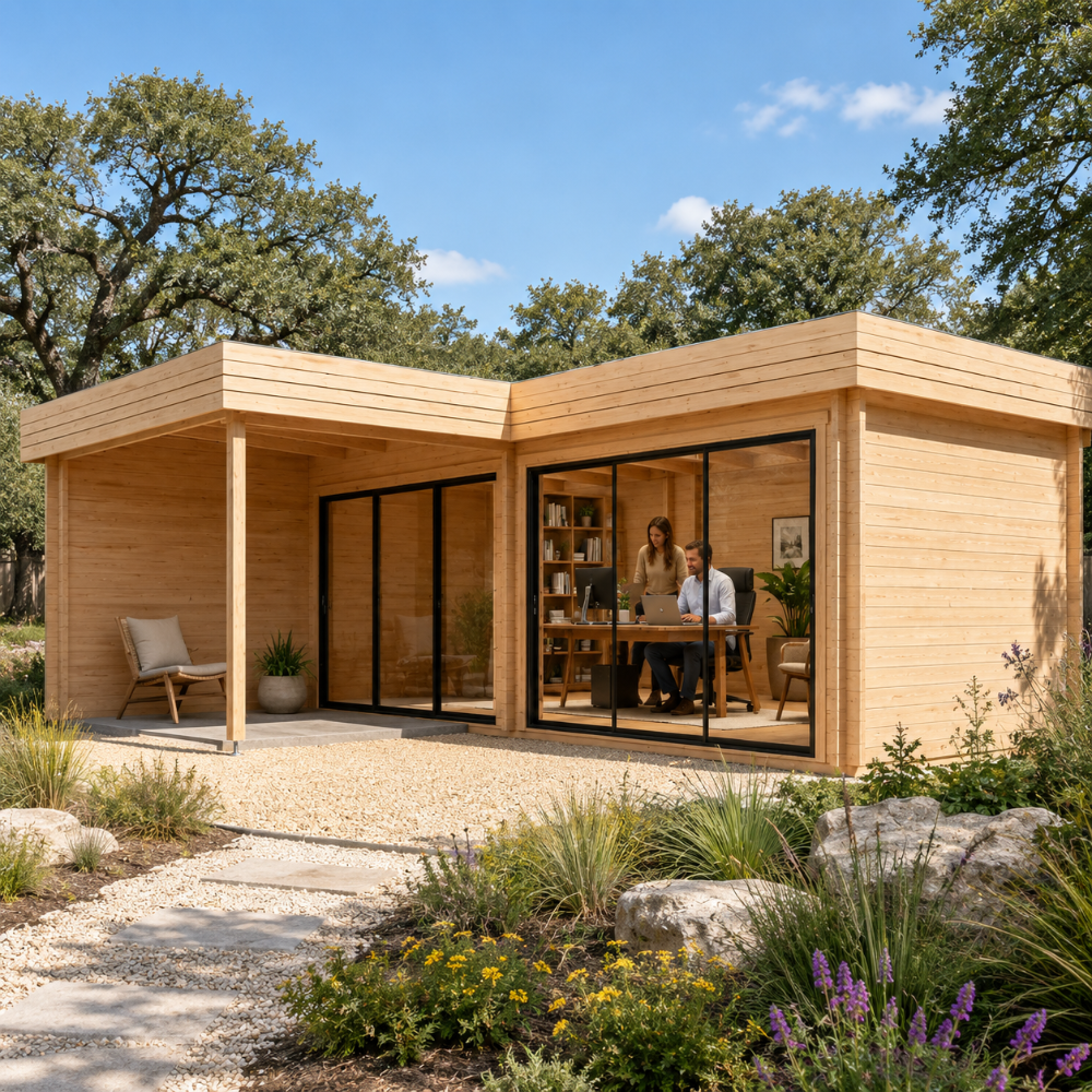 L-shaped light wood studio with glass doors, a porch, and two people working inside the Lasse 44B ALU Freedom Office.