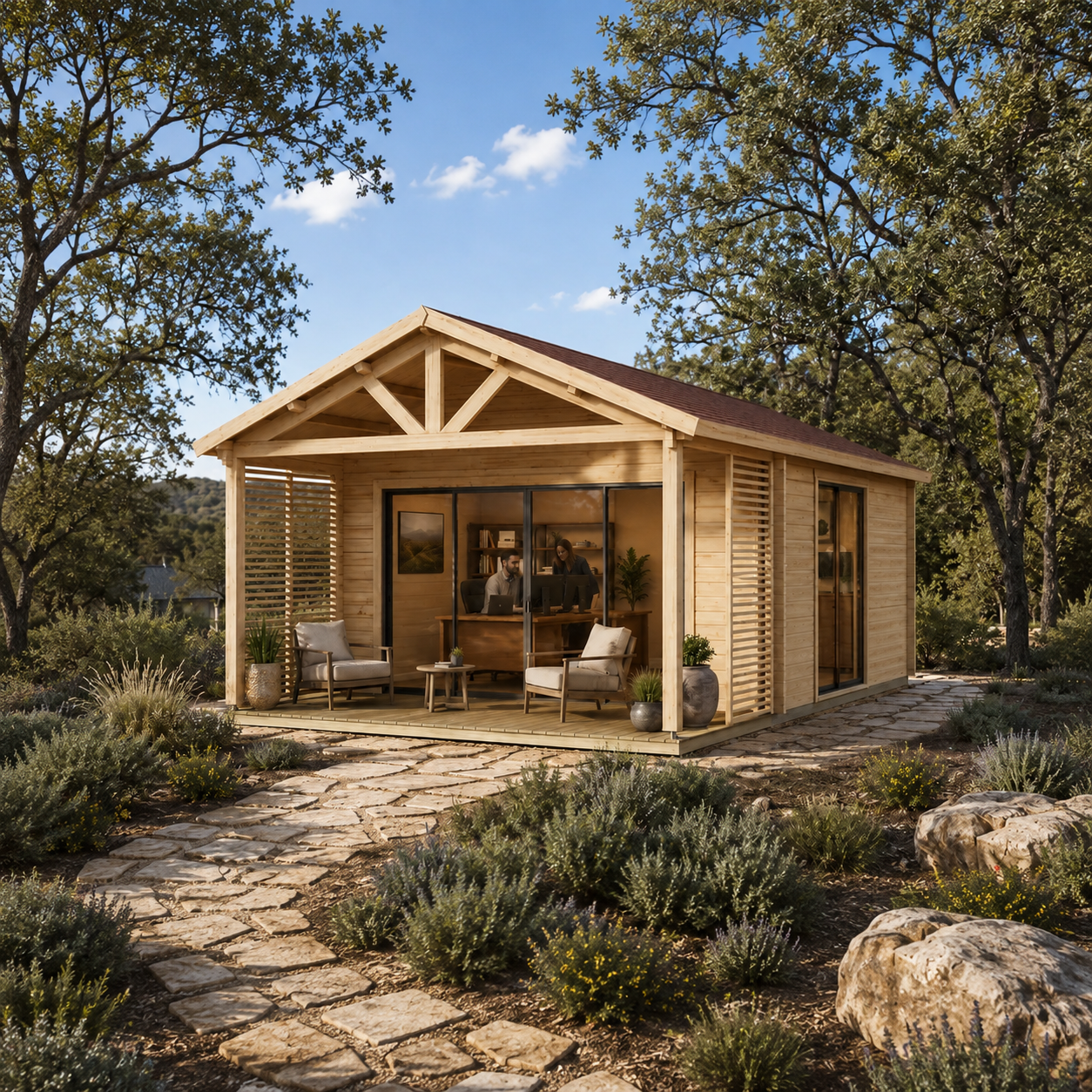 Light wood rectangular studio with glass doors, a front porch, and stone path surrounded by trees and shrubs.