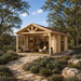 Light wood rectangular studio with glass doors, a front porch, and stone path surrounded by trees and shrubs.