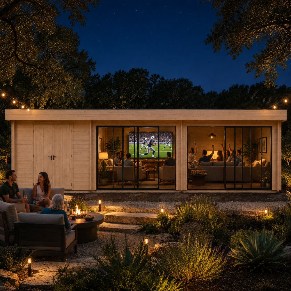 Lighted wood studio with glass doors at night, featuring people watching a game inside and a patio with a fire pit.