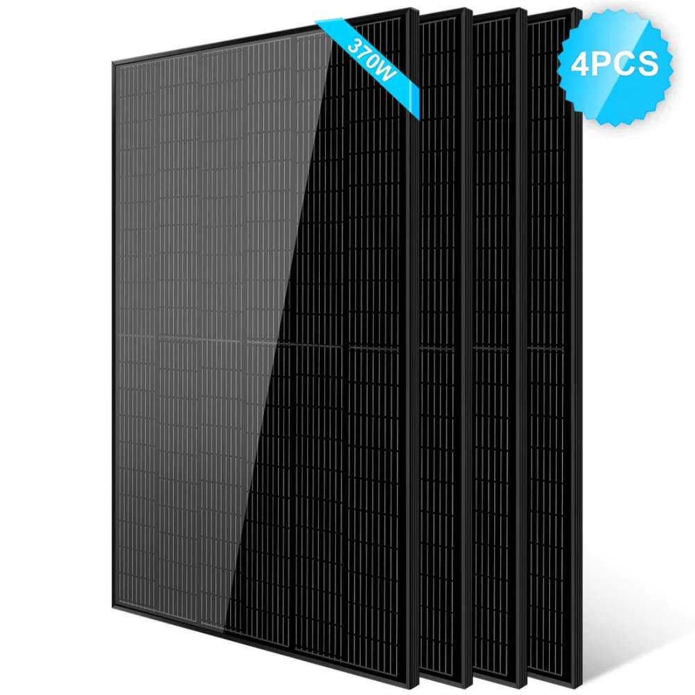4 Sun Gold Power 370W Mono Black PERC Solar Panels displayed in a staggered row as a black monocrystalline panel set