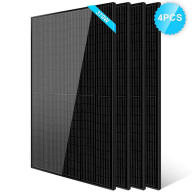 4 Sun Gold Power 370W Mono Black PERC Solar Panels displayed in a staggered row as a black monocrystalline panel set