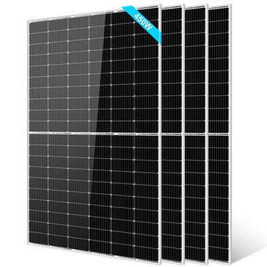 4 Sun Gold Power 450W Monocrystalline PERC Solar Panels displayed as a four-panel bundle with one panel in front and three behind on a clean white background