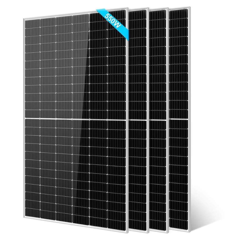 4 Sun Gold Power 550W Monocrystalline PERC Solar Panel units are displayed in a staggered row with one panel fully visible in front