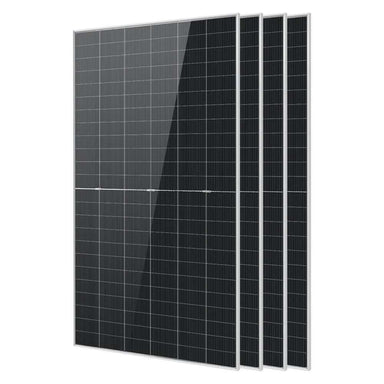 4 Sun Gold Power 590W Bifacial N-Type Monocrystalline Solar Panels displayed with one front-facing panel and three stacked behind on a white background