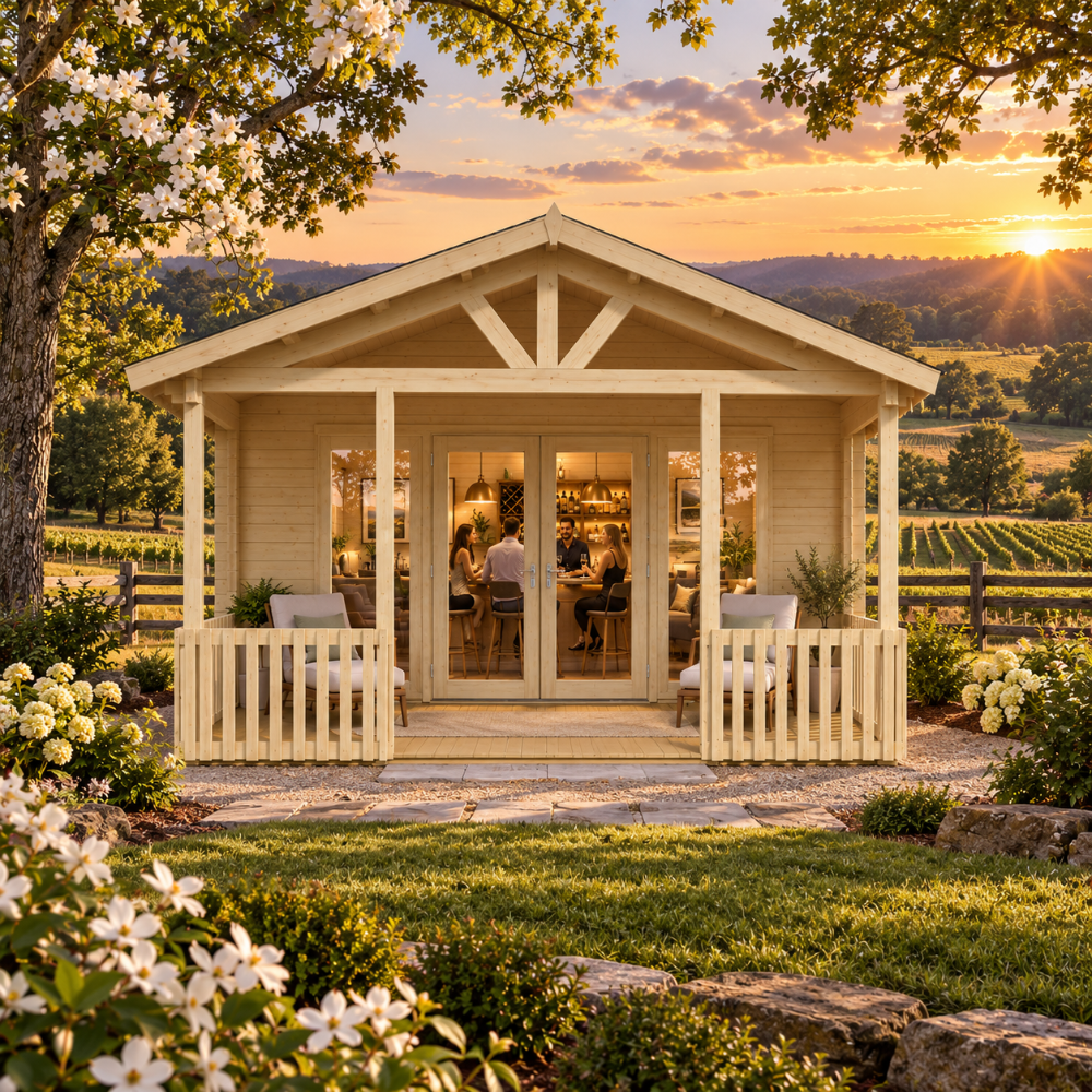 Head-on view of the Nepean 44A entertainment bar at golden hour amid flowering dogwoods, vineyards, rolling Piedmont farmland, and wooded North Carolina ridges.