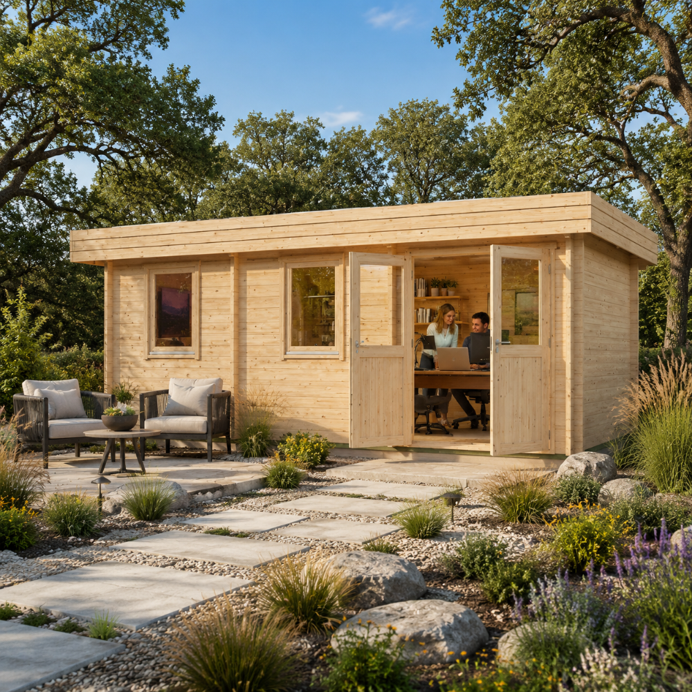Rectangular light wood studio with double glass doors and two windows, set in a garden with a stone path and patio seating.