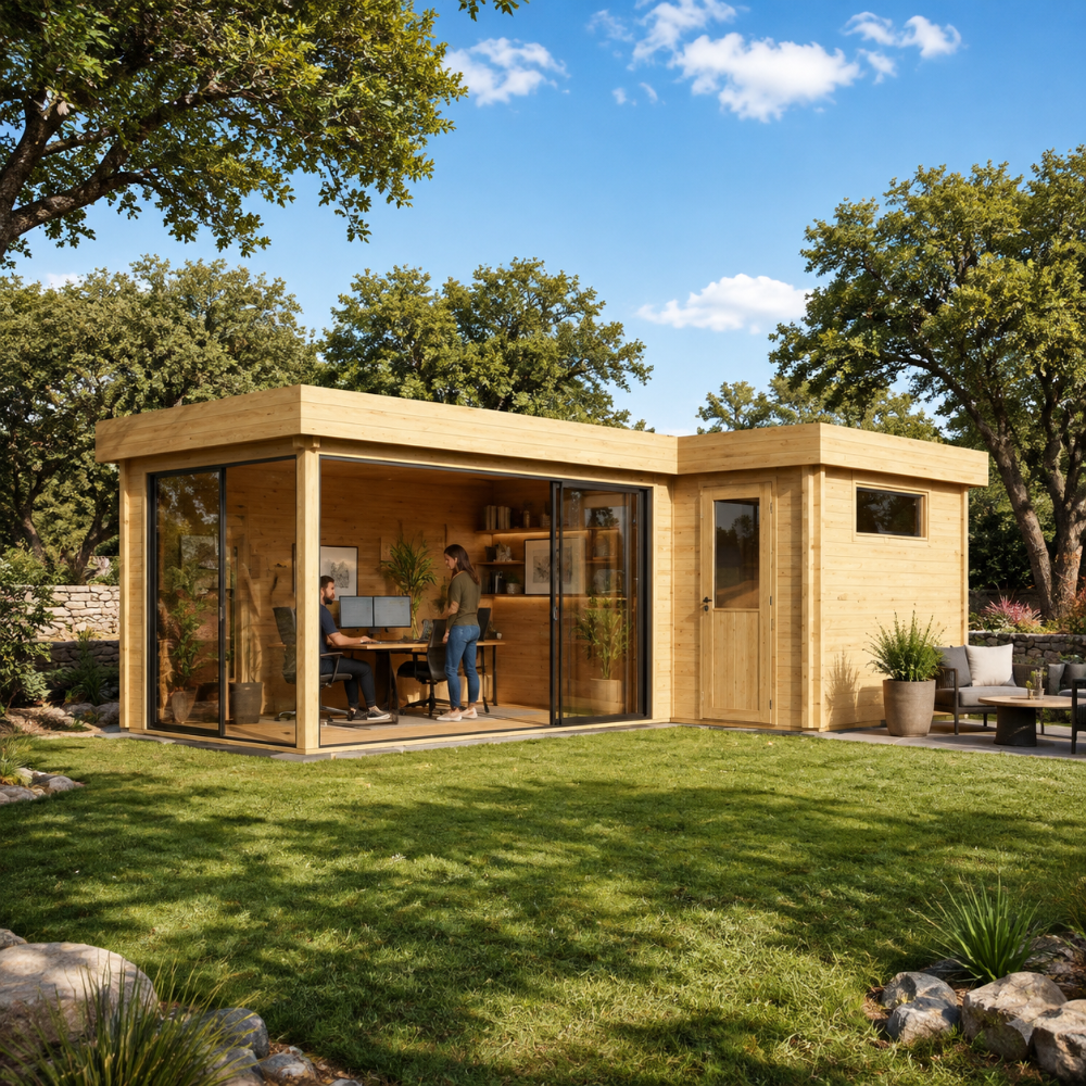 L-shaped light wood cabin with large glass windows and sliding doors used as an office in a grassy yard with trees.