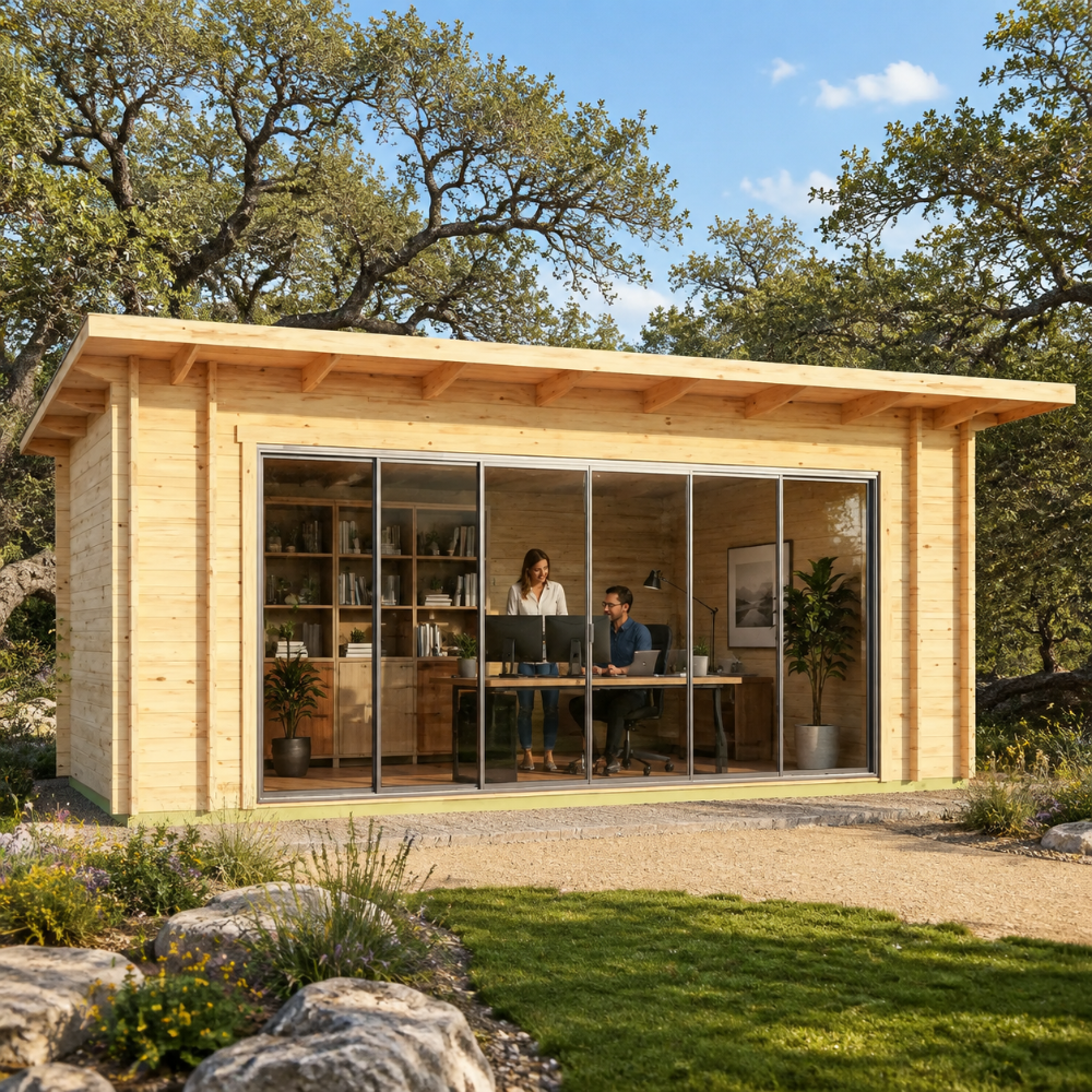 Rectangular wood studio with glass sliding doors and two people working inside a furnished office, set outdoors near trees.