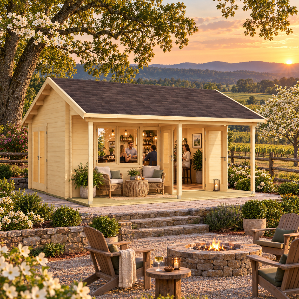 Lerum 44 entertainment bar glowing at golden hour amid flowering dogwoods, vineyards, split-rail fencing, and rolling North Carolina Piedmont hills.