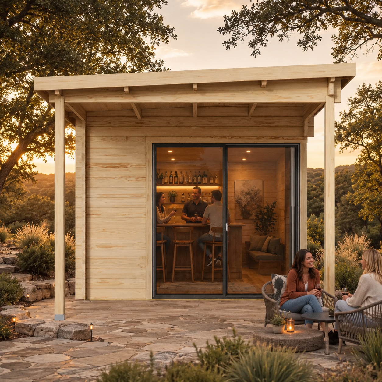 Light wood rectangular studio with sliding glass doors, interior bar, and people sitting on a stone patio at sunset.