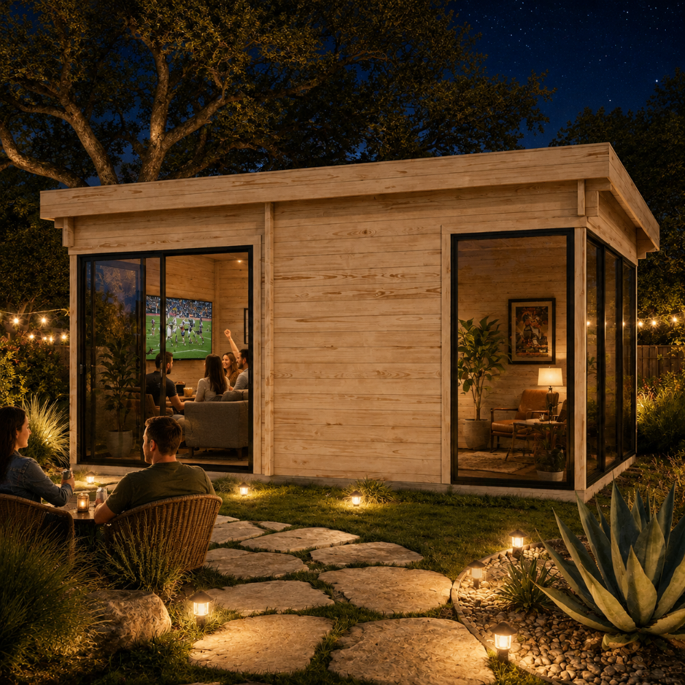 Rectangular wood studio with glass doors and windows illuminated at night in a backyard with stone path and garden lights.