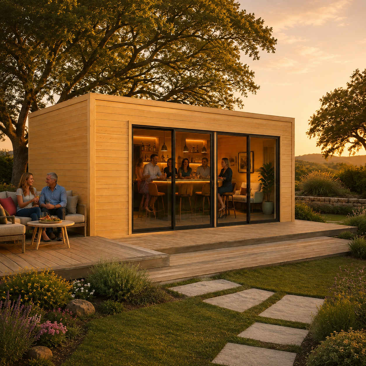 Rectangular wood studio with glass doors and a deck, illuminated at sunset with people gathered inside and outside.