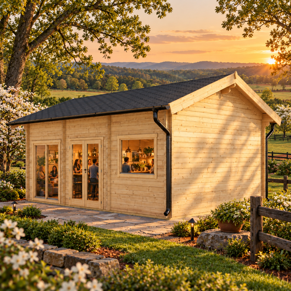 Britt 44 entertainment bar glowing at golden hour amid flowering dogwoods, split-rail fencing, rolling Piedmont farmland, and wooded North Carolina ridges.