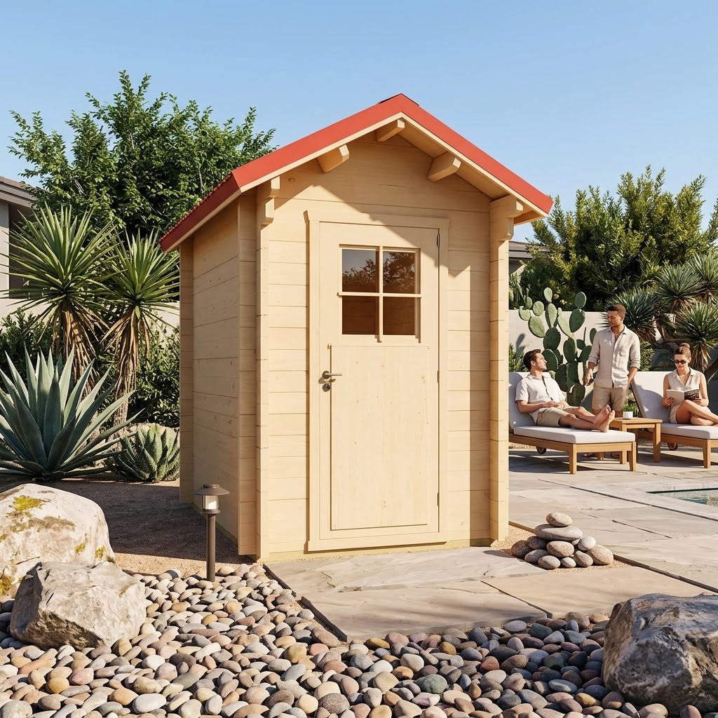 Small light wood outhouse with a red gabled roof and a windowed door, set in a desert landscape next to a pool.