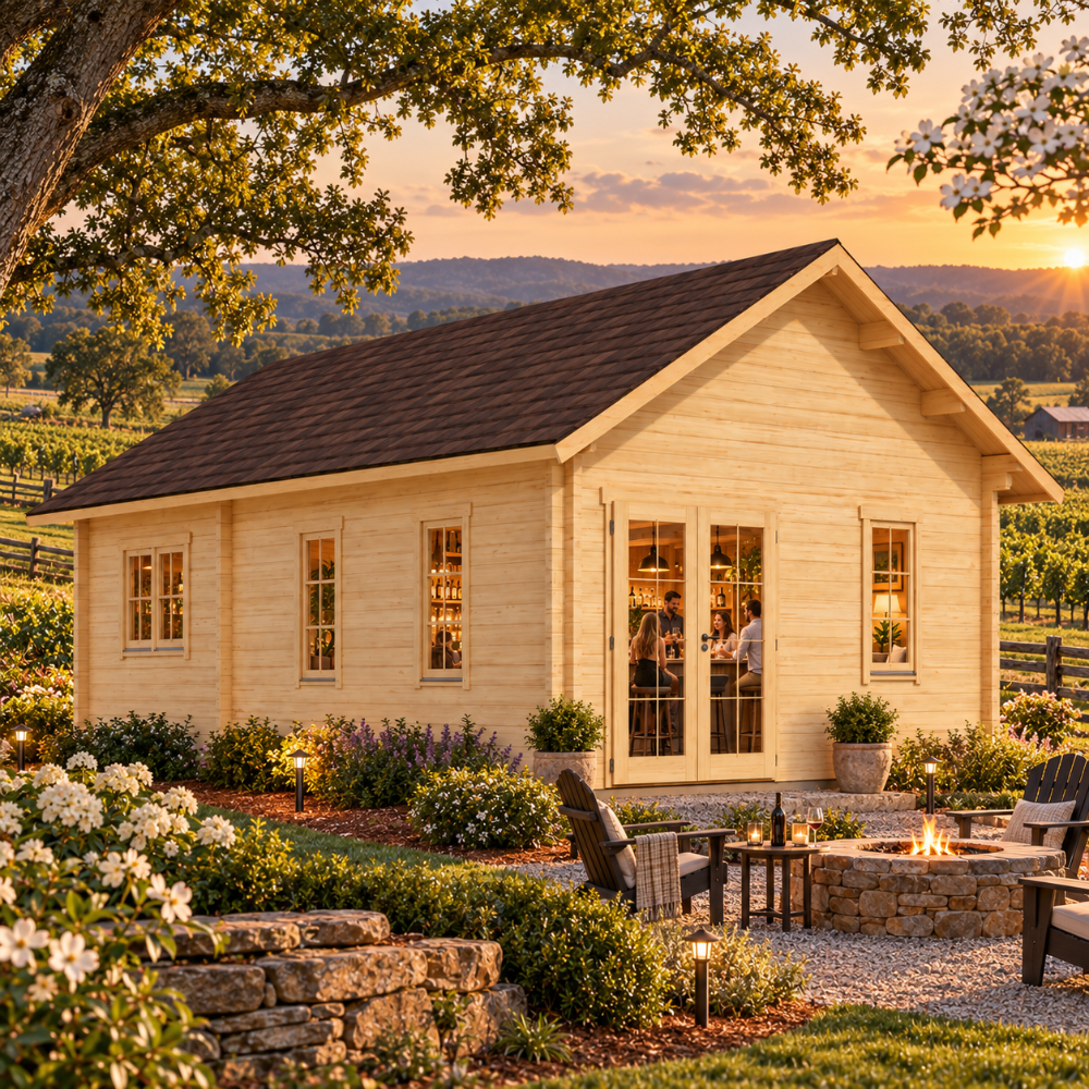 Farum 44 entertainment bar glowing at golden hour amid flowering dogwoods, vineyards, split-rail fencing, and rolling North Carolina Piedmont hills.