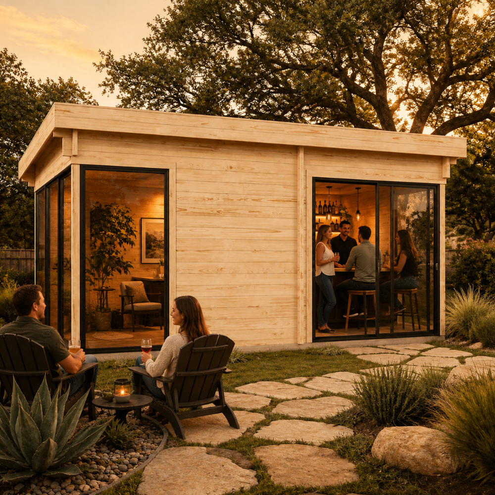 Rectangular wood studio with glass doors and black trim, featuring people inside and sitting in a yard at sunset.