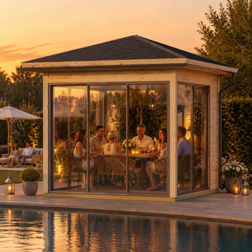 Square wood and glass pavilion with a dark roof, featuring people dining inside by a pool at sunset.