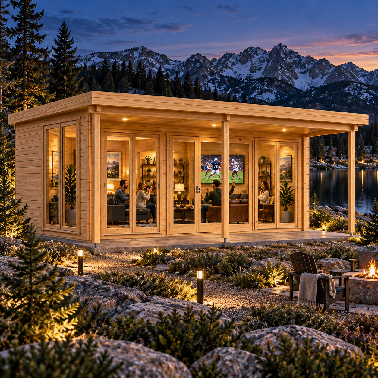 Rectangular wood cabin with glass doors and a porch, set by a lake with mountains at dusk. People sit inside the lit room.