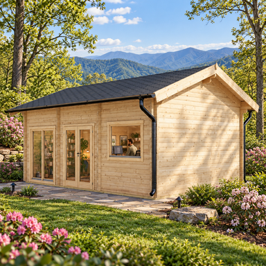 Britt 44 professional home office surrounded by rhododendrons, mature hardwoods, and layered Blue Ridge Mountains near Asheville, North Carolina.