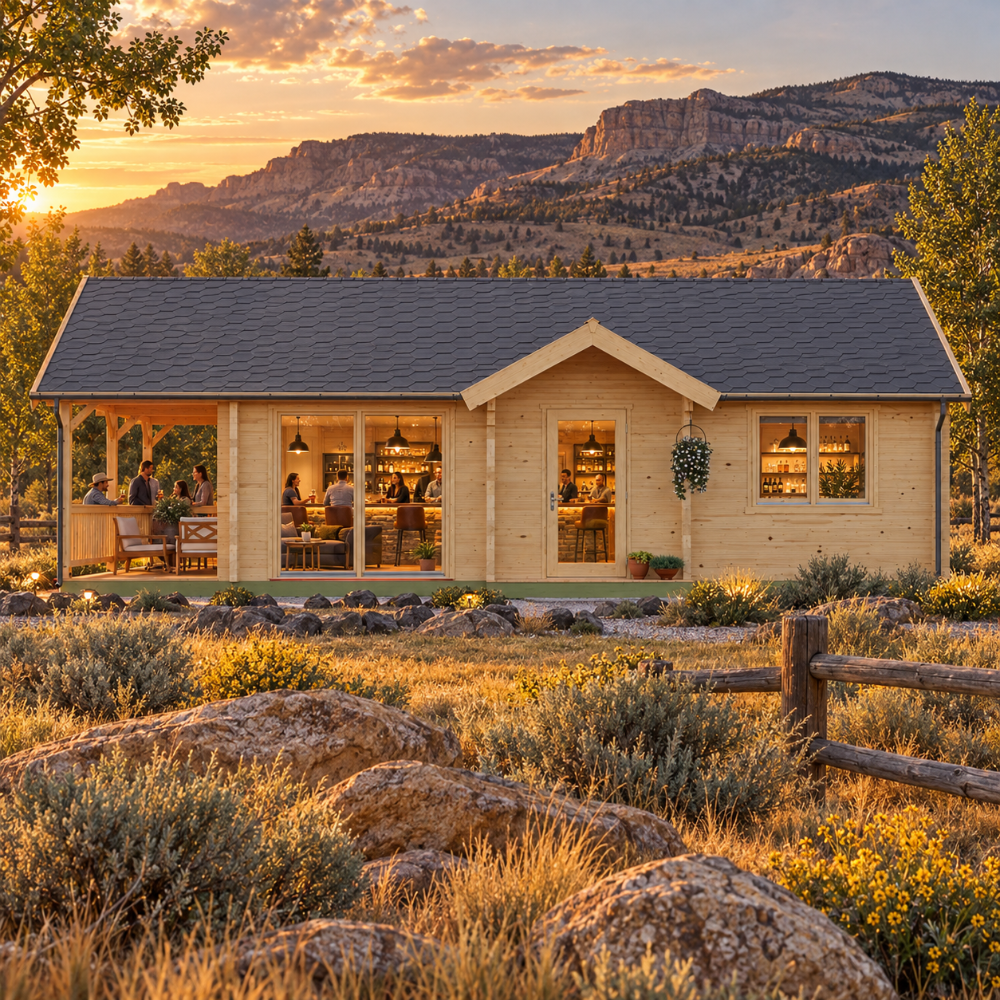 Garda 90 entertainment bar with adults socializing in Wyoming’s golden Cody foothills.