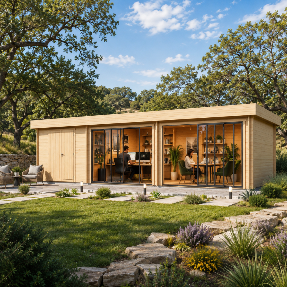 Rectangular wood studio with glass sliding doors and a flat roof, set in a landscaped garden with trees and stone paths.