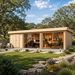 Rectangular wood studio with glass sliding doors and a flat roof, set in a landscaped garden with trees and stone paths.