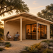 Light wood studio with a glass-walled room and a covered porch, featuring people sitting at a bar and on a patio at sunset.