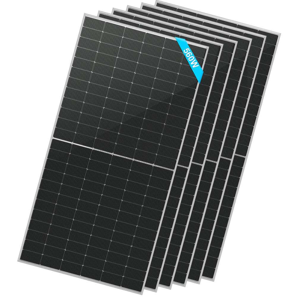6  Sun Gold Power 560W Bifacial N-Type Solar Panels arranged in an overlapping stack on a white background
