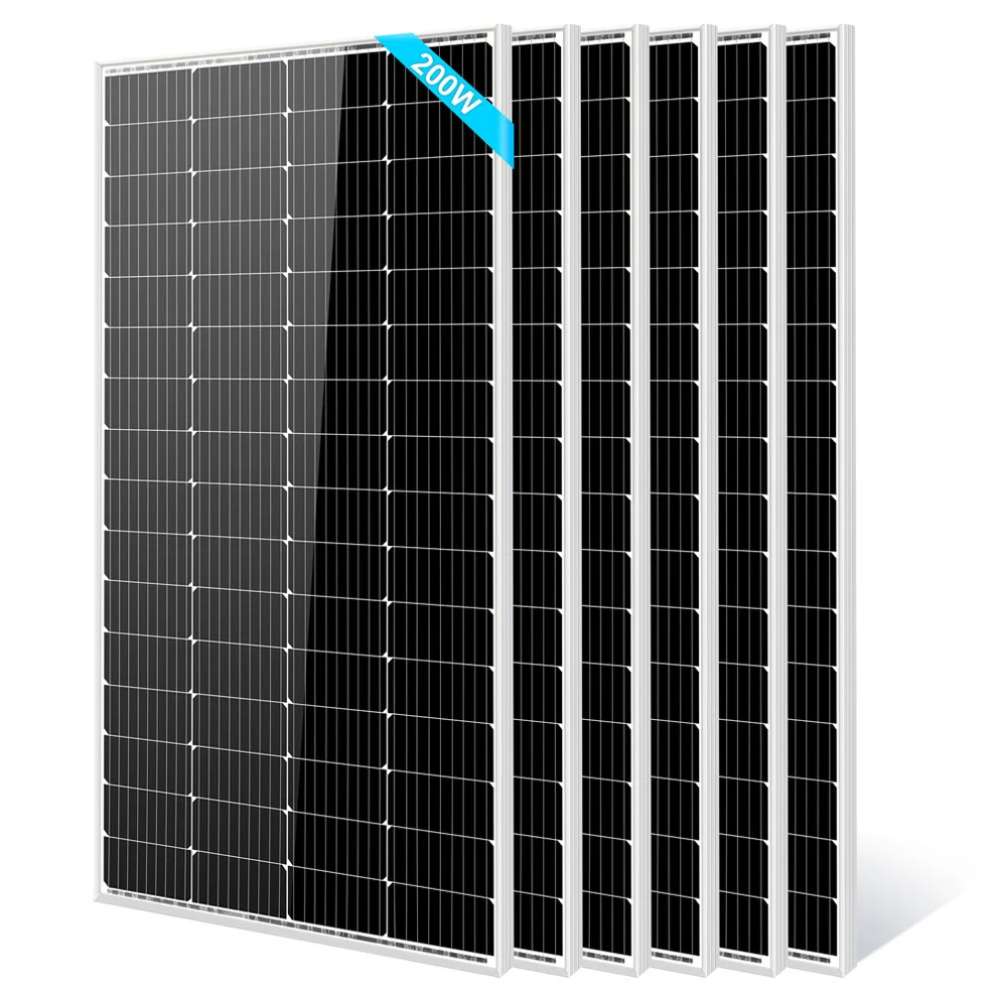 6 Sun Gold Power 200W Monocrystalline Solar Panel units standing upright in a row against a white background