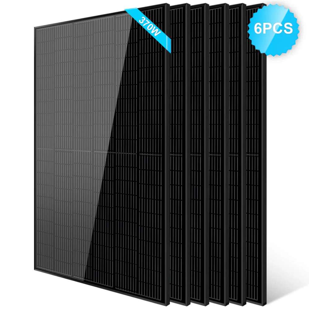 6 Sun Gold Power 370W Mono Black PERC Solar Panels arranged in an overlapping lineup for larger solar installations