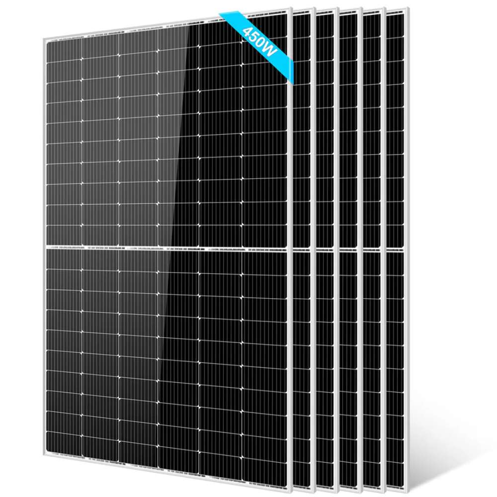 6 Sun Gold Power 450W Monocrystalline PERC Solar Panels arranged as a six-panel bundle with one front-facing panel and five stacked behind