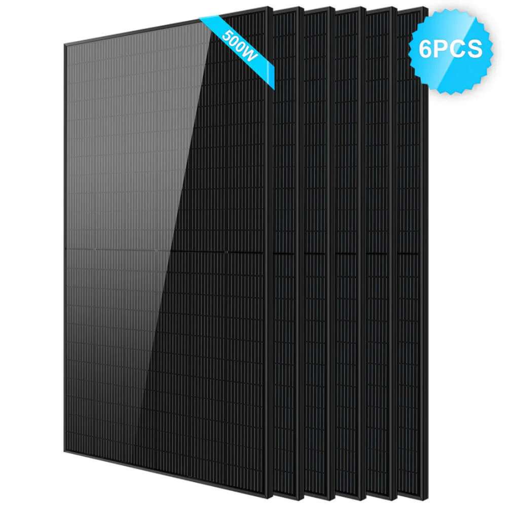 6 Sun Gold Power 500W Mono Black PERC Solar Panel package with six black panels neatly stacked together