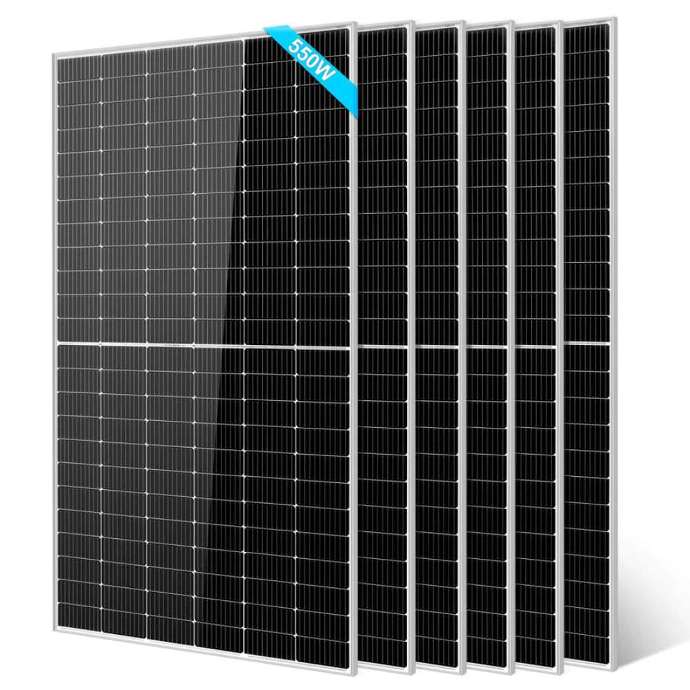 6 Sun Gold Power 550W Monocrystalline PERC Solar Panel units are arranged in an overlapping stack, highlighting the front panel