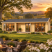 Rectangular light wood cabin with a dark gabled roof and large glass doors set in a grassy landscape at sunset.