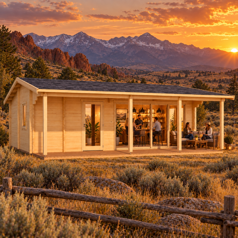 One-story wood cabin with a porch and glass doors set against a mountain sunset with people inside and on the patio.