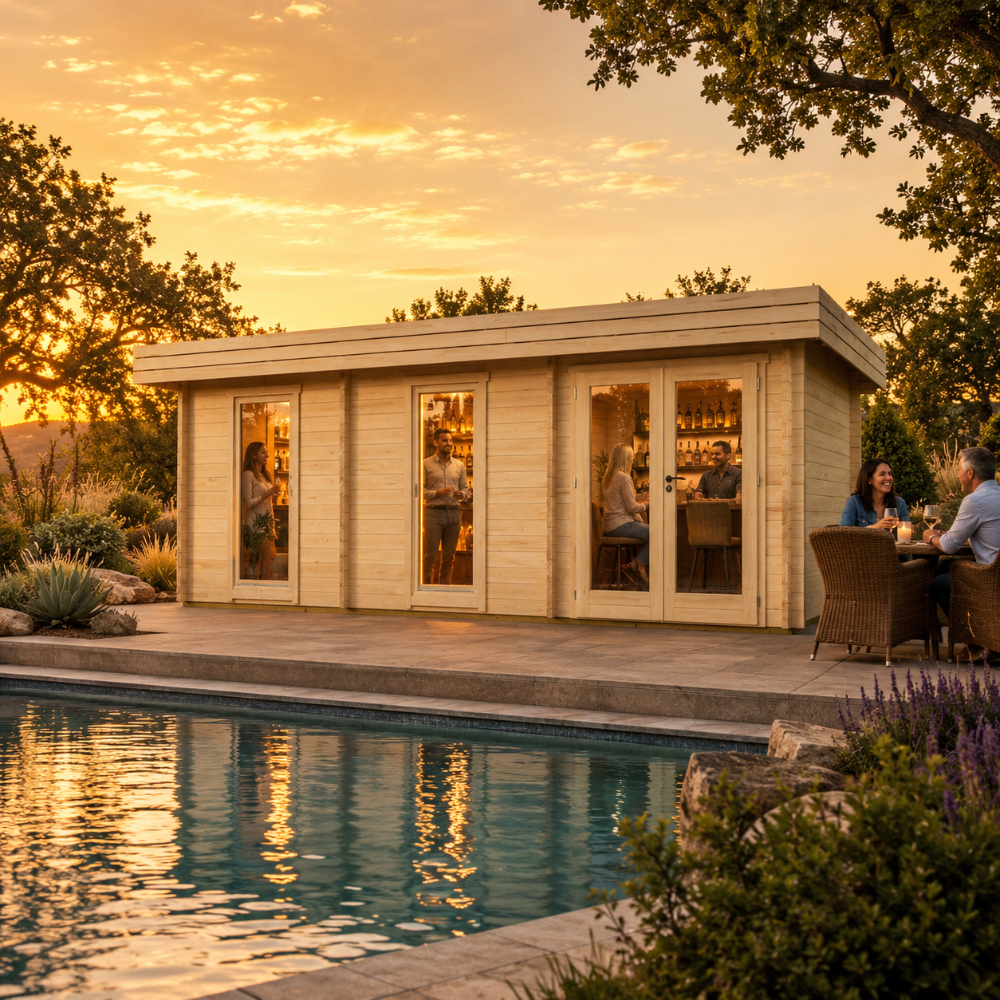 Rectangular wood Miriam 44C Modern studio with glass doors by a pool at sunset, featuring people inside and dining outdoors.