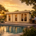 Rectangular wood Miriam 44C Modern studio with glass doors by a pool at sunset, featuring people inside and dining outdoors.