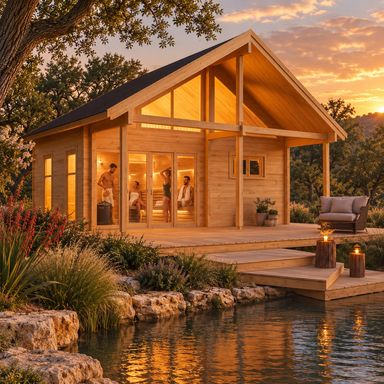 Large light wood outdoor sauna with a gabled roof, glass doors, and a deck overlooking a pond at sunset.