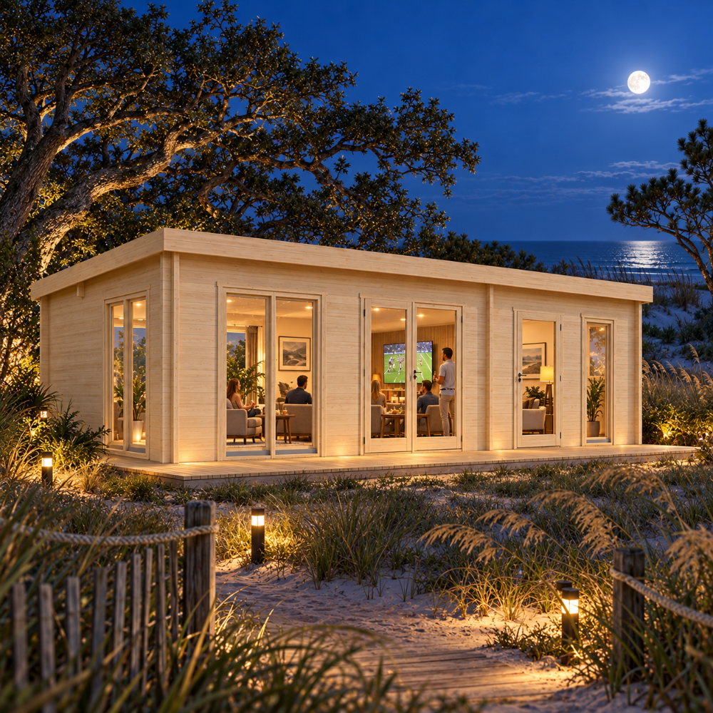 Angled view of the Henning 70 sports room illuminated at night among live oaks, maritime pines, sea oats, and coastal dunes on North Carolina’s Outer Banks.