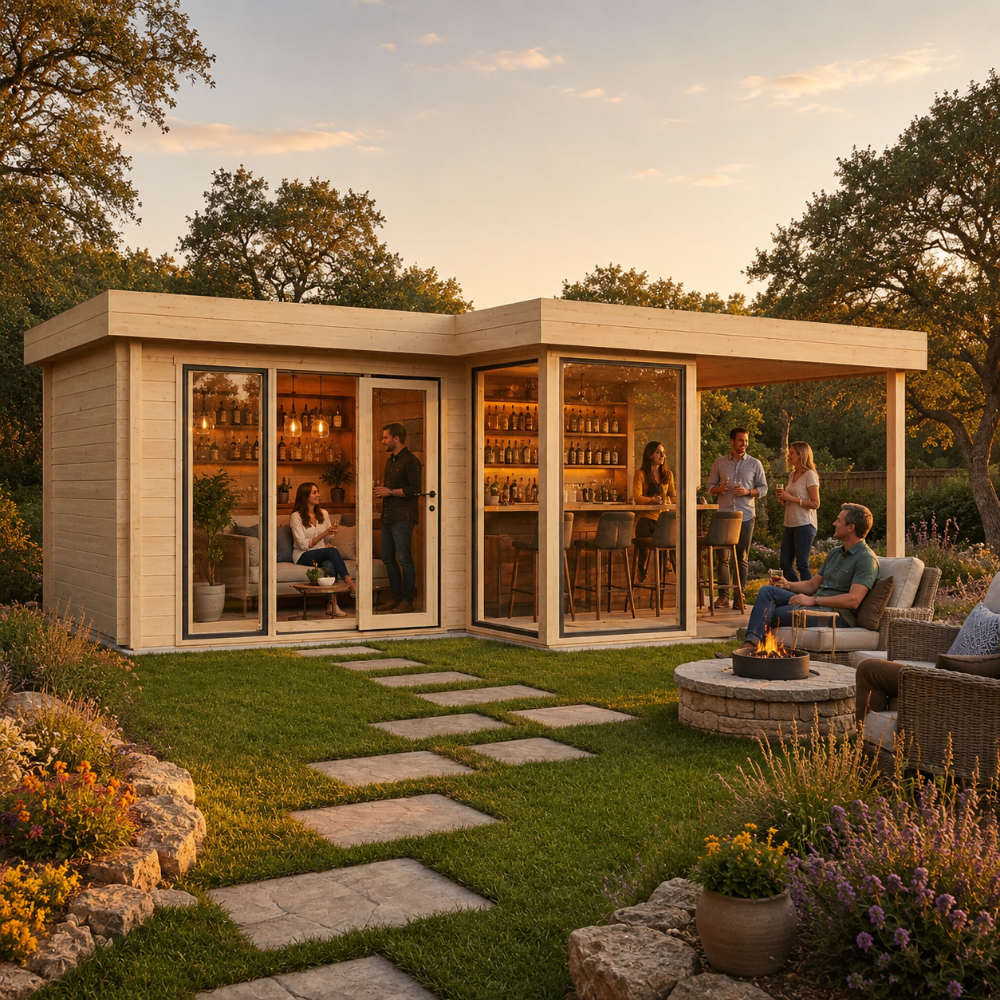 L-shaped light wood cabin with large glass windows and a patio, featuring people socializing near a stone fire pit.