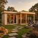 L-shaped light wood cabin with large glass windows and a patio, featuring people socializing near a stone fire pit.