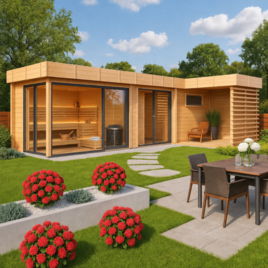 A modern L-shaped wooden GardenHouse24 USA Sauna Quieto 70 Garden Room with large glass walls and cozy outdoor landscaping