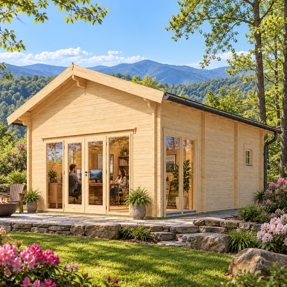 Sigrid 44 professional home office surrounded by rhododendrons, mature hardwoods, and layered Blue Ridge Mountains near Asheville, North Carolina.