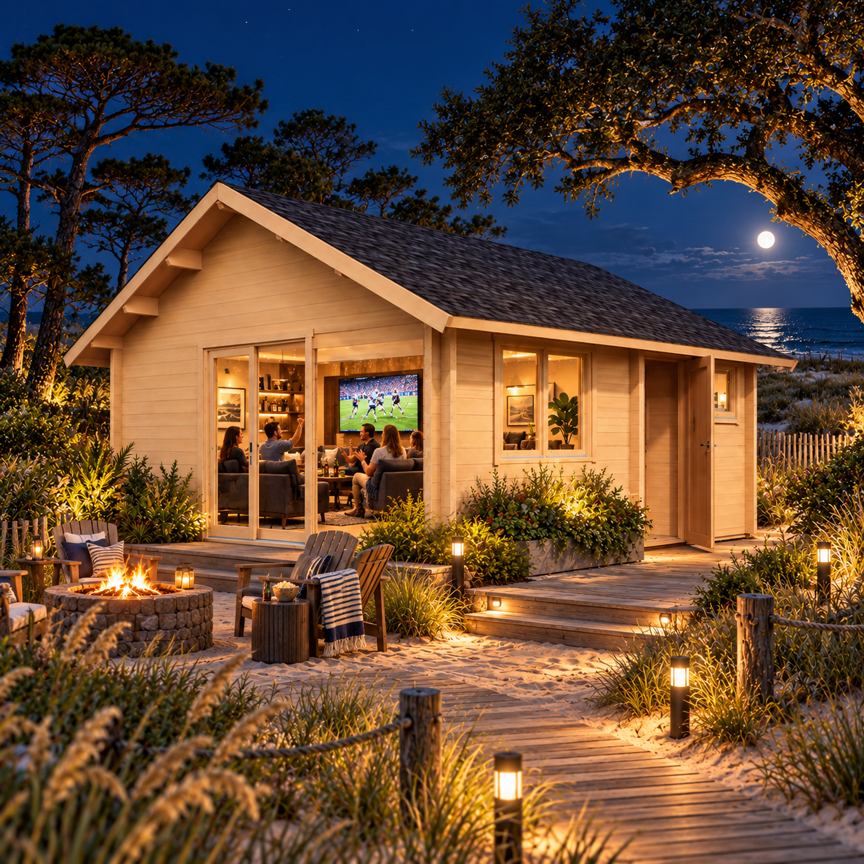 Small wood cabin at night with people inside, a fire pit, and a boardwalk path near the ocean. Melanie 70 Freedom Suite.