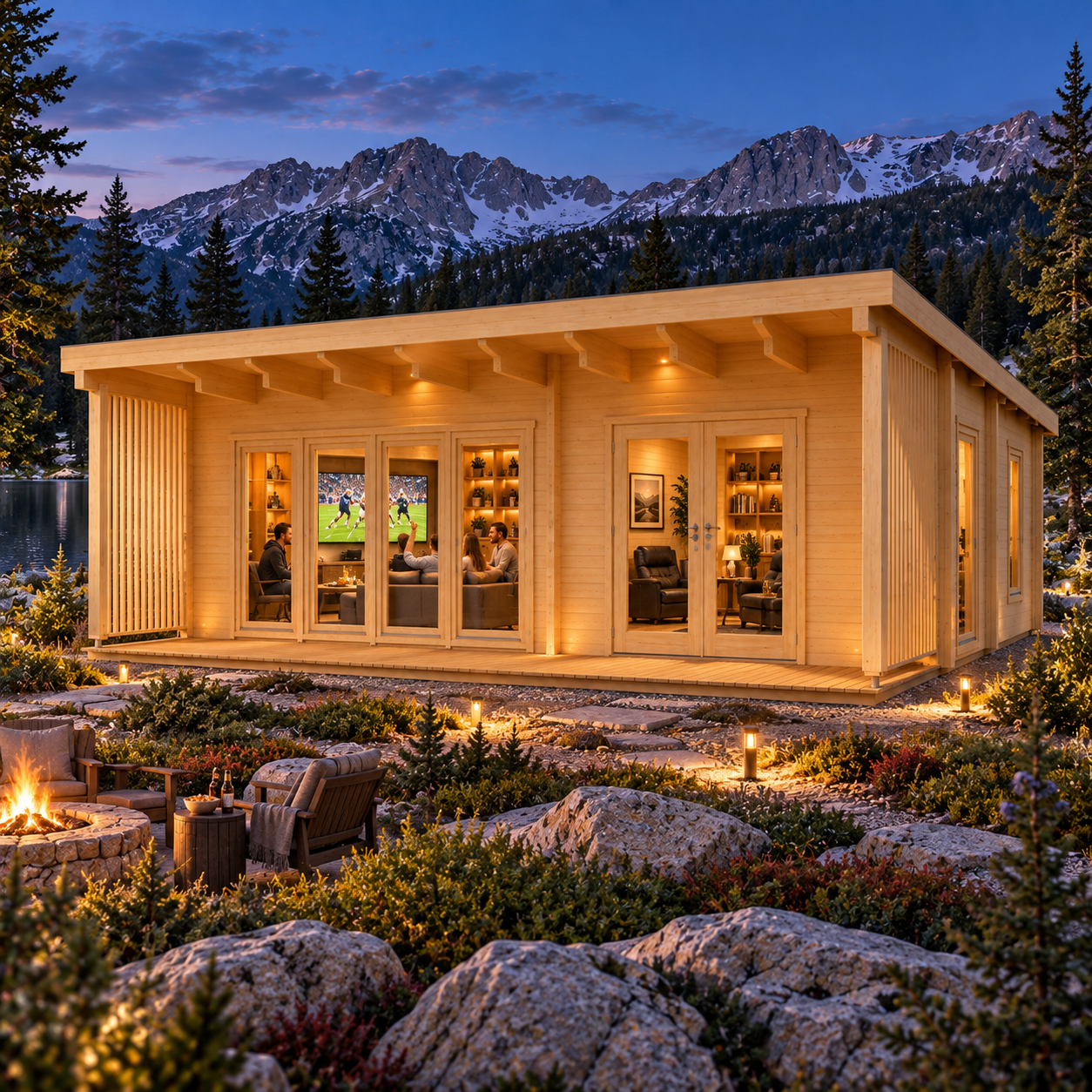 A light wood multi-room cabin with glass doors and a flat roof at dusk, set against mountains and a stone fire pit.