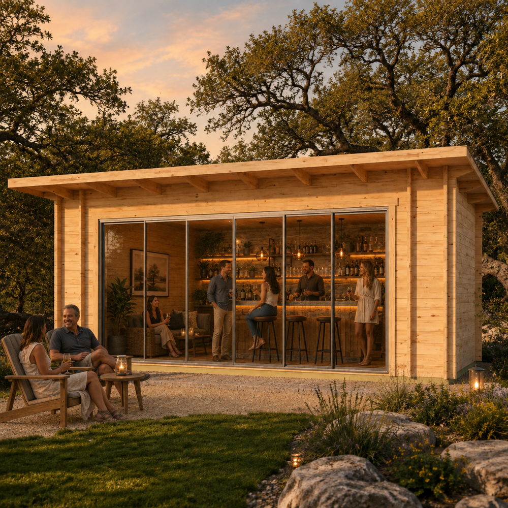 Rectangular light wood Starla 44E ALU ISO studio with glass sliding doors and people gathered at an interior bar at sunset.