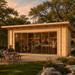 Rectangular light wood Starla 44E ALU ISO studio with glass sliding doors and people gathered at an interior bar at sunset.
