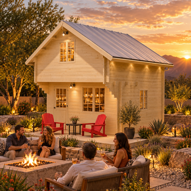 Pale-timber Freedom Room transformed into a warmly lit backyard bar at golden hour. Four adults socialize around a fire feature amid upscale Nevada desert landscaping, with mountains and a glowing sunset in the background.